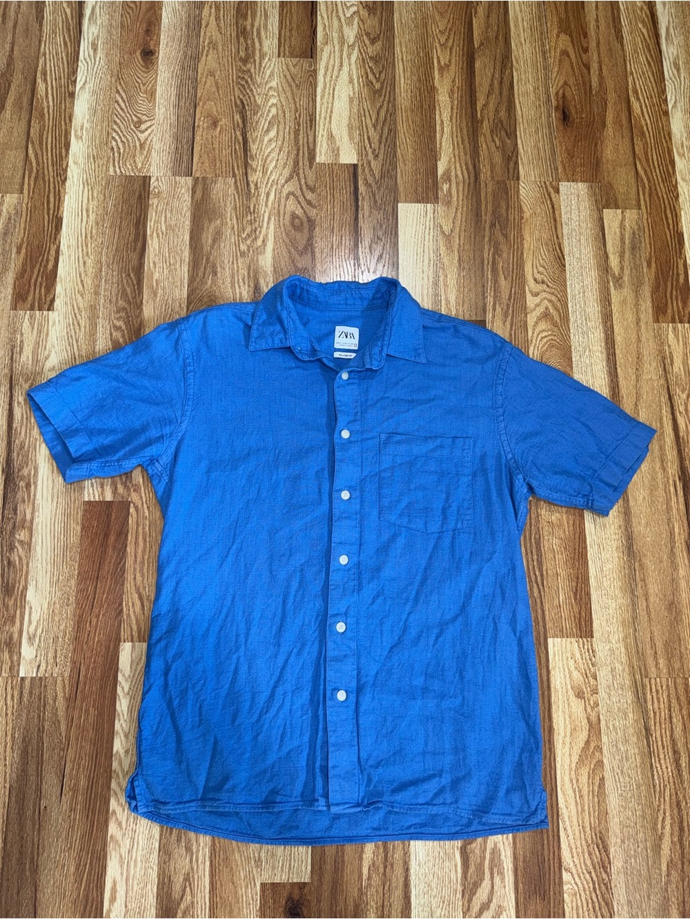 Zara Mens M Blue Linen Solid Relaxed Fit Short Sleeve Button-Up Shirt Pockets
